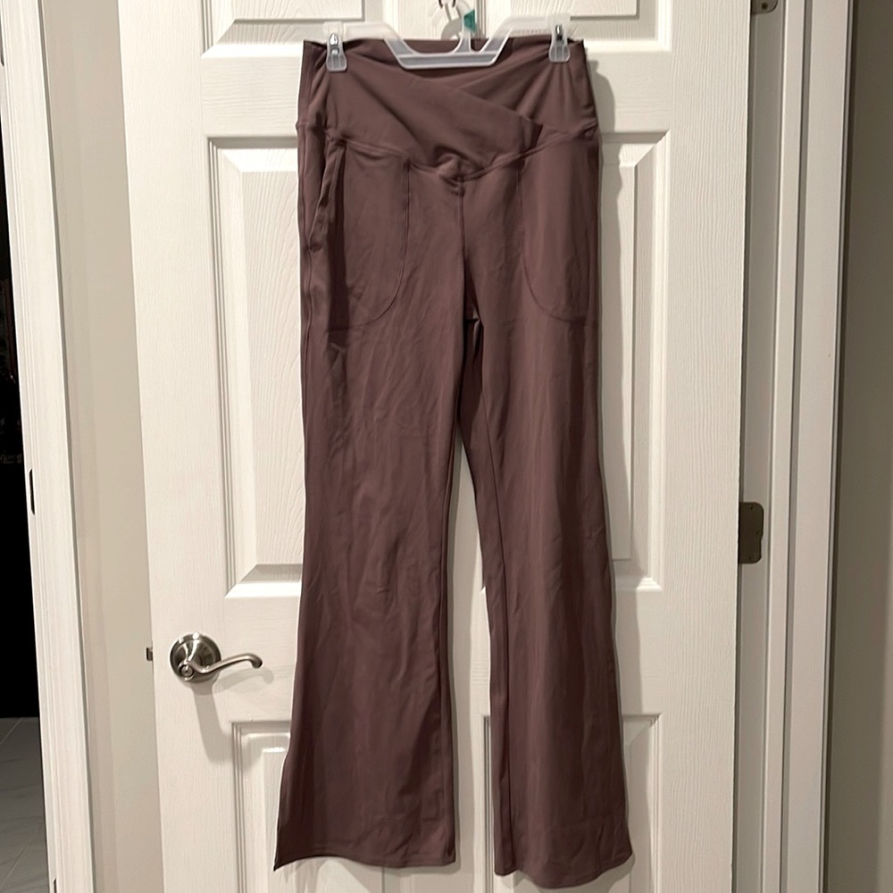 dove purple crossover pocket split hem flare pants